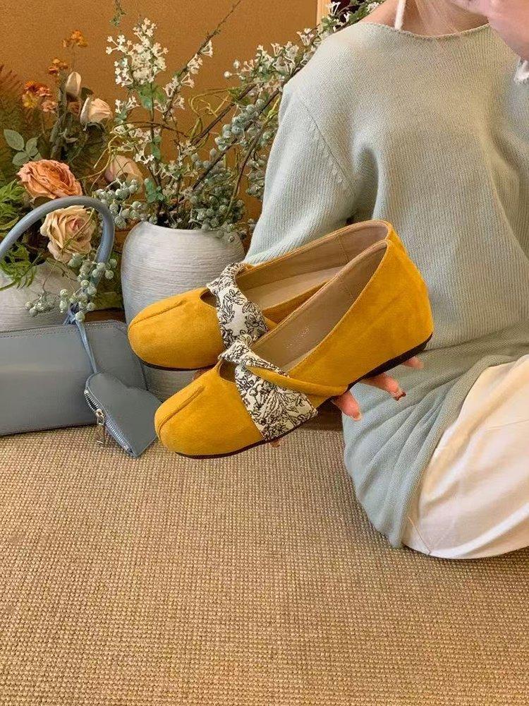 

Ретро круглый носок с замшевыми туфлями Мэри Джейн 2025 новые универсальные повседневные балетки женские 40 жёлтый