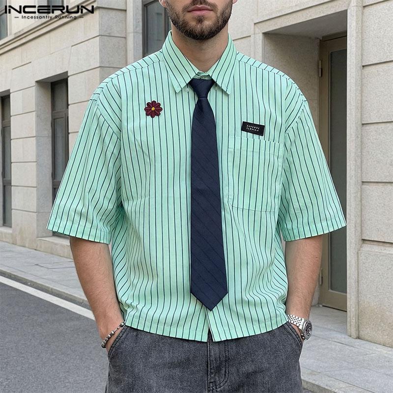 INCERUN חולצות קז'ואל קיציות לגברים עם צווארון דש, שרוול קצר, רקמה, פסים פרחוניים