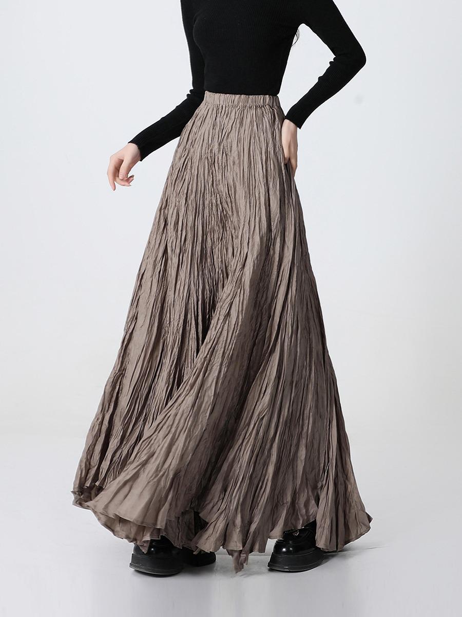 

Женская плиссированная юбка макси неправильной формы - 720° клеш, супердлинная до пола, приталенного силуэта, фасон зонт One Size жёлтый/оливковый