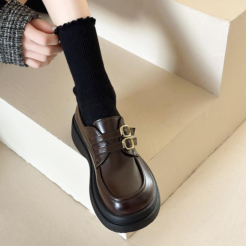 [Uncle Shoe] College Style Premium 2025 British Style Small Leather Shoes Women's Black Sense Autumn Shoes Women's Loafers Thick