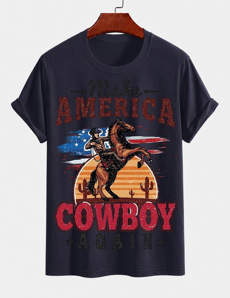 2026 New Pure Cotton Tshirt American Vintage Distressed Denim Horse Riding Print Summer Casual Loose Round Neck Top