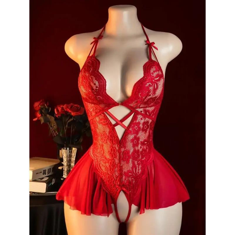 Red Women Open Bodysuit Crotchless Sexy Temptation Adult Erotic Lingerie Pajamas Lace Sex Costumes Deep V-neck Underwear