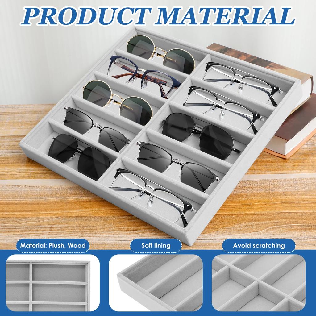 Sunglass Organiser 10 Slots Plush Glasses Display Tray Stackable Eye Wear Collection Storage Organizer for Home Display