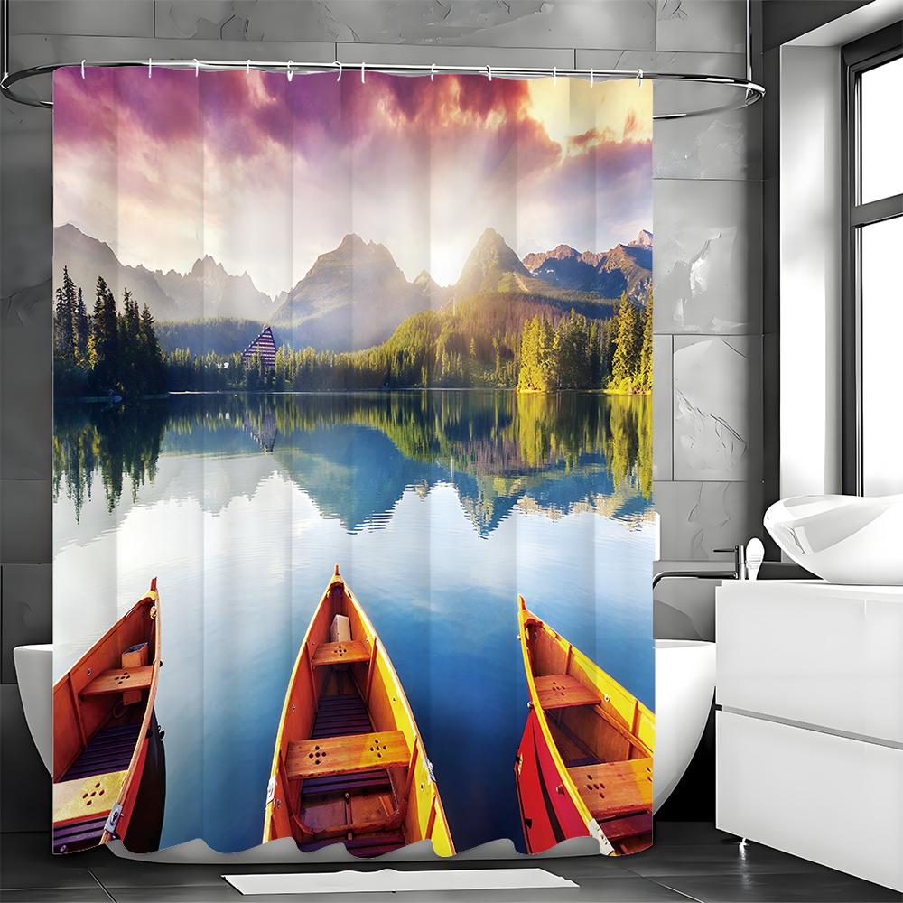 Landscape Lake Wooden Boat Scenery Shower Curtain, Bathroom Decorative Shower Curtain, Waterproof Shower Curtain with Hooks