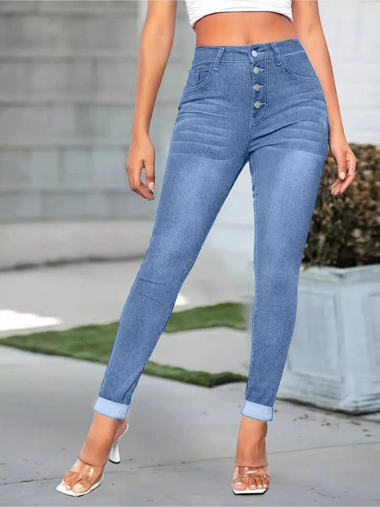 Women's Plus Size Slim Fit Multi-button Elastic Washed Denim Jeans