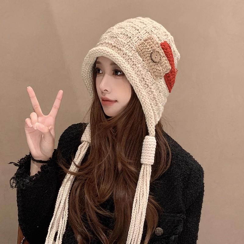 2025 Mode Roter Wollquastenhut: Damen Handgemacht Warm Zopfstrick für Herbst & Winter