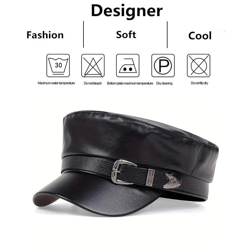 Moda Donna Fibbia Grande Cintura Cappello in Pelle Primavera Autunno Cappelli da Marinaio Nero Berretto da Donna Cappelli Piatto Capitano Militari da Uomo