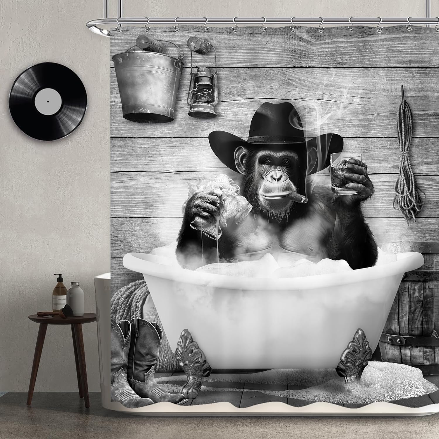 

Funny Monkey Shower Curtain 60Wx72H Inch Western Cowboy Chimpanzee In Bathtub Black White Animal Wildlife Shower Curtain Bathroo W60H190(CM)-1 Pcs