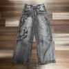 RogueWave American Harajuku Vintage Print Jeans Y2K Women Washed Gray Straight Pants Street Gothic Loose Unisex Trousers Tide