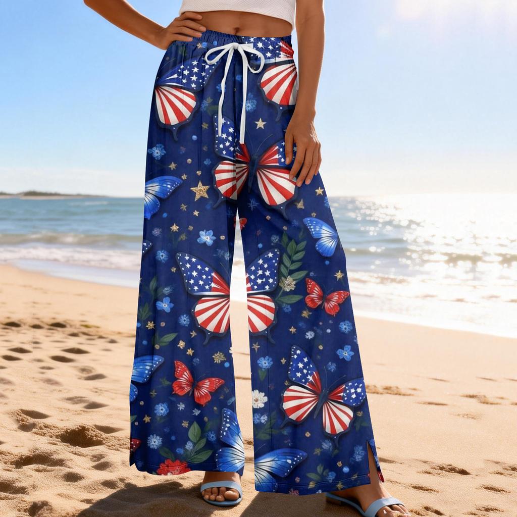 Dámské letní boho palazzo kalhoty s vysokým pasem a širokými nohavicemi, tisk, ležérní kalhoty s kapsami