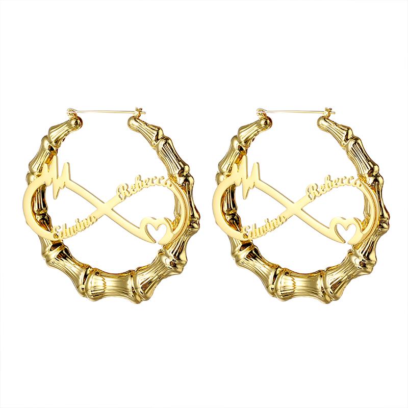 Fashion Bamboo Hoop Earring Custom Stainless Steel Personalized Name Large Stud Earrings Gold Plated Women Statement Earrings