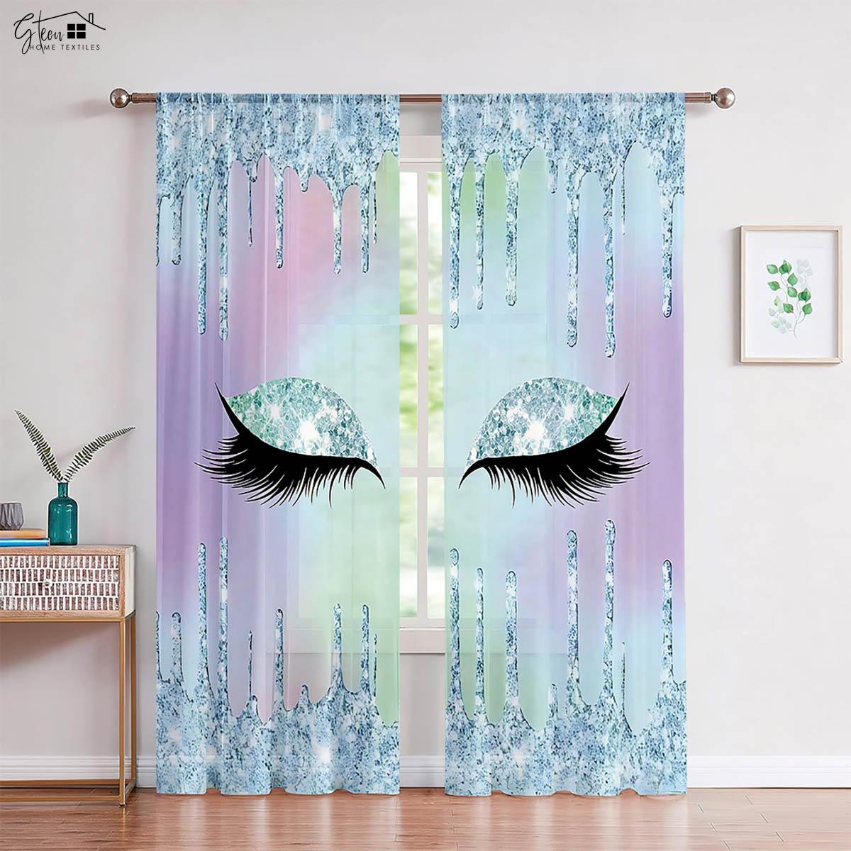 

2 Pack Colorful Shiny Eyelashes Cartoon Print Curtain Rod Pocket Bedroom Living Room Kitchen Kids Room Decorative Curtains W50xH130(CM)x2PCS&Rod pocket