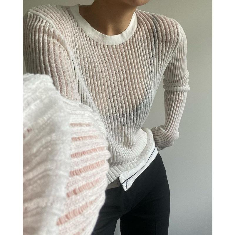 Women's Skeleton Knit Spring Autumn Sexy Slim Round Neck Long Sleeve Thin Pit Stripe Knit Sweater