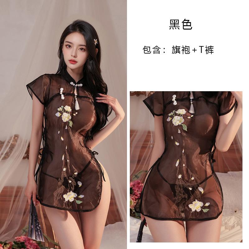 Summer Fashion Women's Clothing Ethnic Style Retro Cheongsam Embroidered Pattern Exotic Mesh Transparent Sexy Elegant Dress UU7H
