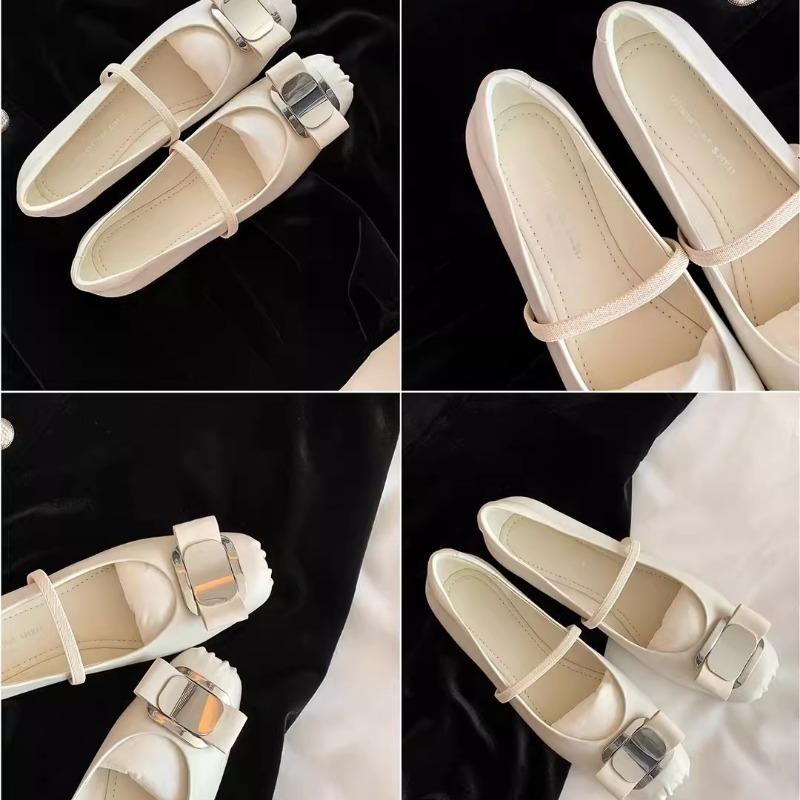 Cowhide version square head leather light mouth metal bow Mary Jane shoes women's flat ballet shoes