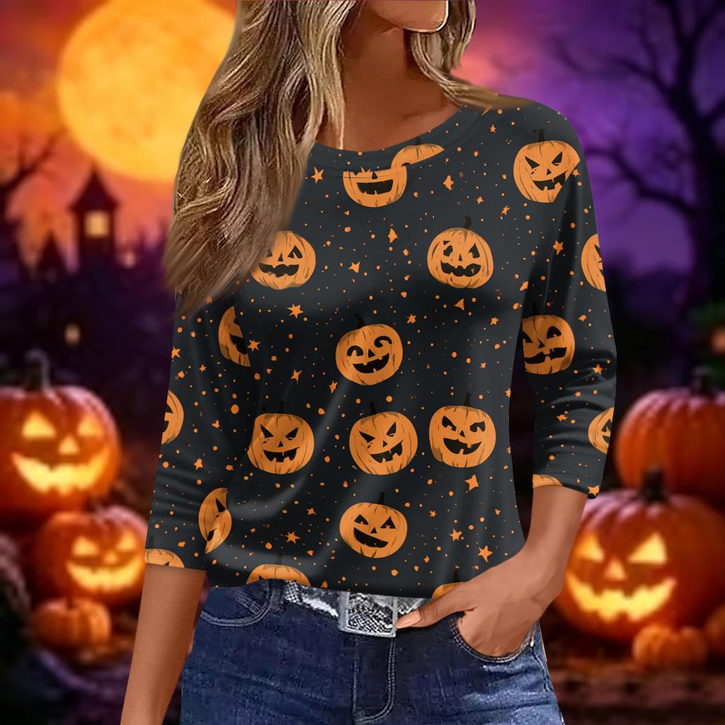 Women's Fashion Casual Short Sleeve Neck Top with Halloween and Pumpkin Print