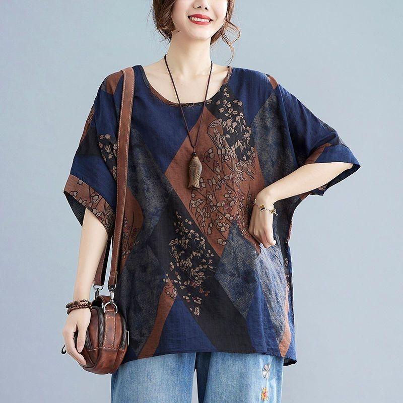 Cotton and Linen Plus Size Women's Summer Literary Retro Round Neck Printed Shirt Fashion Bat Sleeve Short Shirt Loose Top