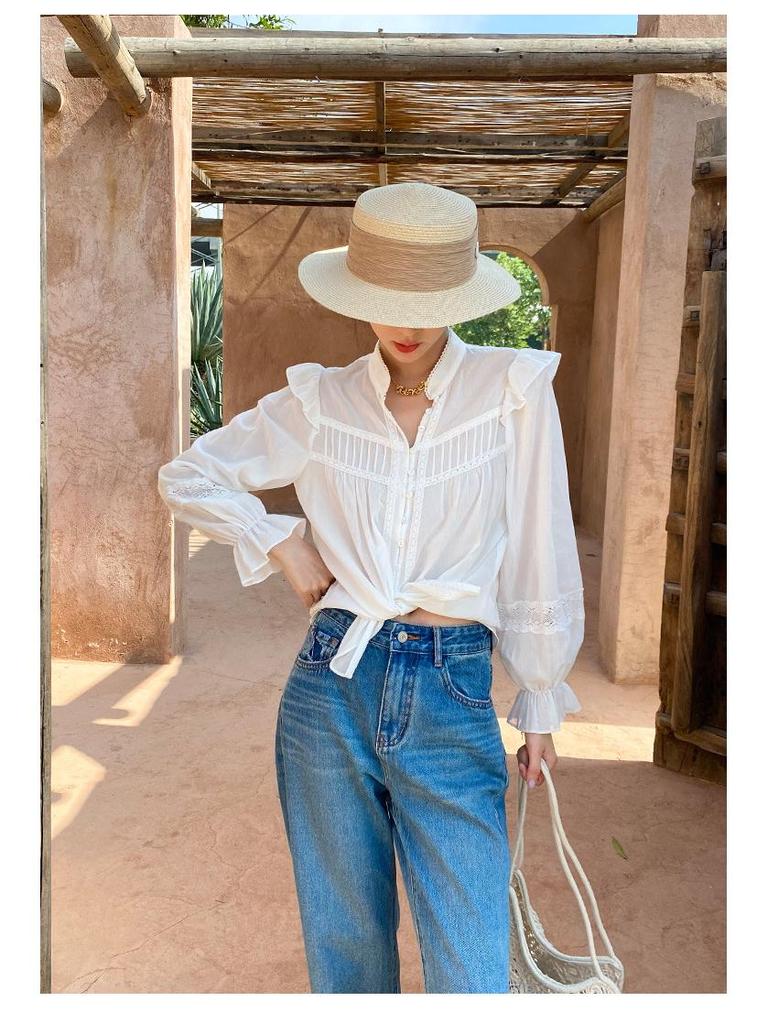Spring New Arrival: Women's Long Sleeve White Cotton French Shirt - Southern France Holiday Style