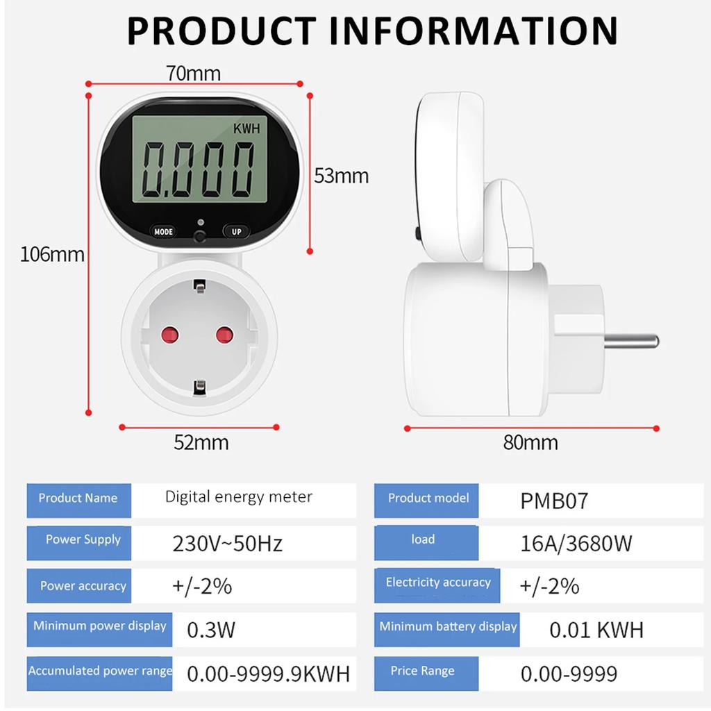 16A 3680W Electricity Power Meter Wattmeter Digital Energy Meter Socket with VA Backlit Electric Tester EU Socket Power Tester