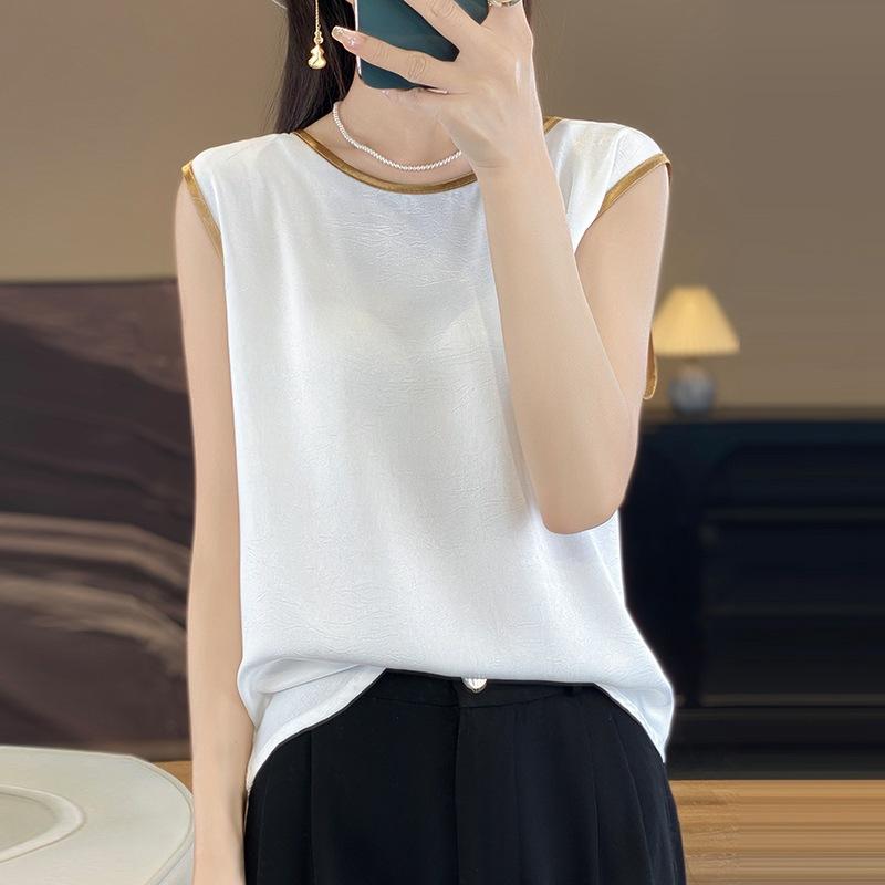 Summer Women's Vest Silk Round Neck Sleeveless Solid Top Vests