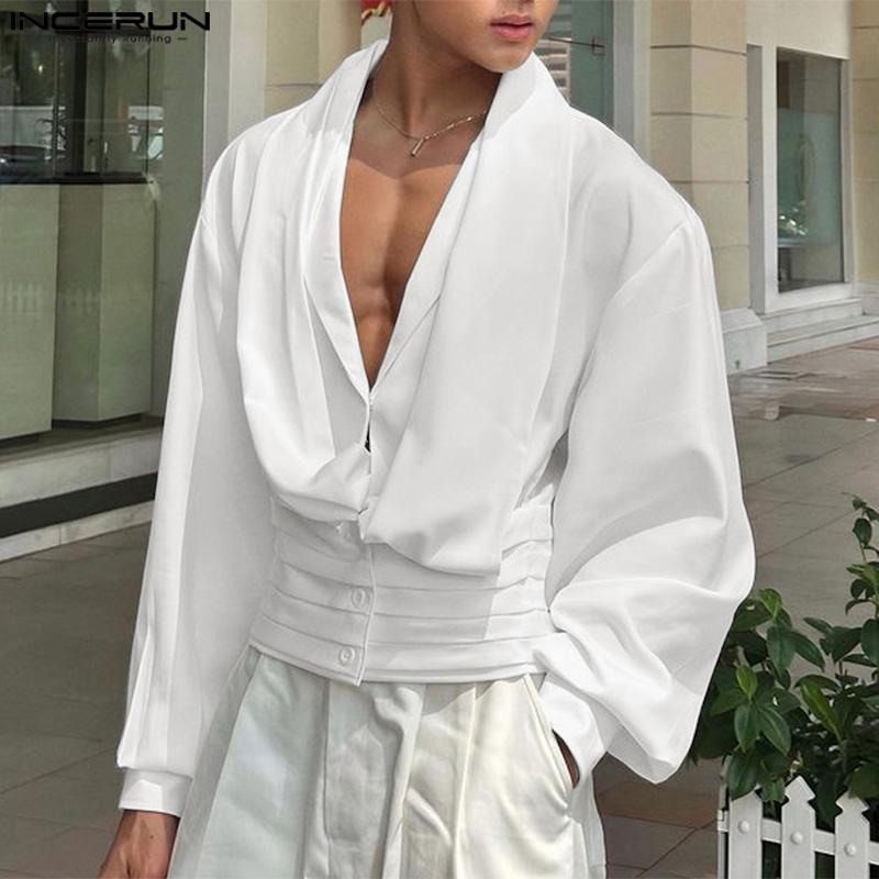 INCERUN Men Swing Collar Long Sleeve Slim Shirts Casual Solid Short Tops