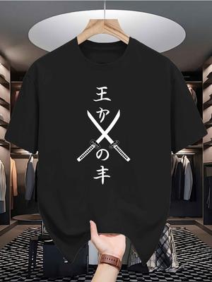 Japanese Samurai Katana Cross Sword Kanji Print Unisexs T Shirt Summer Crew Neck Short Sleeve Loose Casual Street Fashion Tops