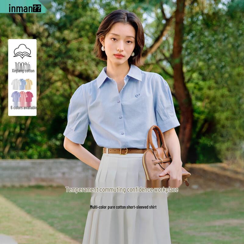 Inman Women s Pleated Puff Sleeve Embroidered Cotton Shirt L