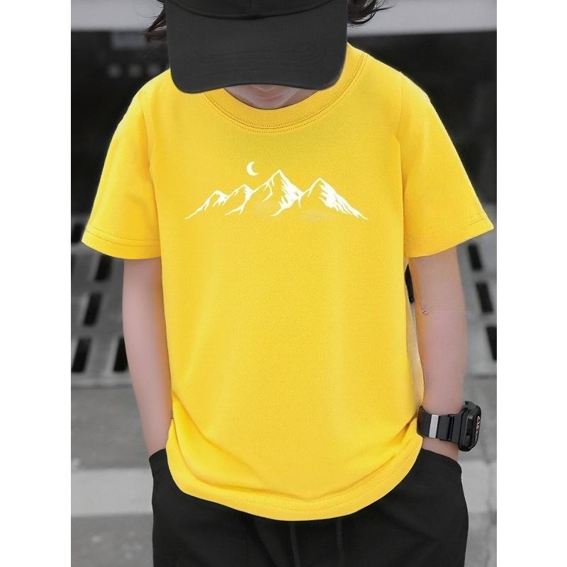 European sizes Boys' T-shirt Mountain Range Moon Night Sky Silhouett, Ideal for Outdoor Activities, Soft Knitted Top, Comfortable And Breathable