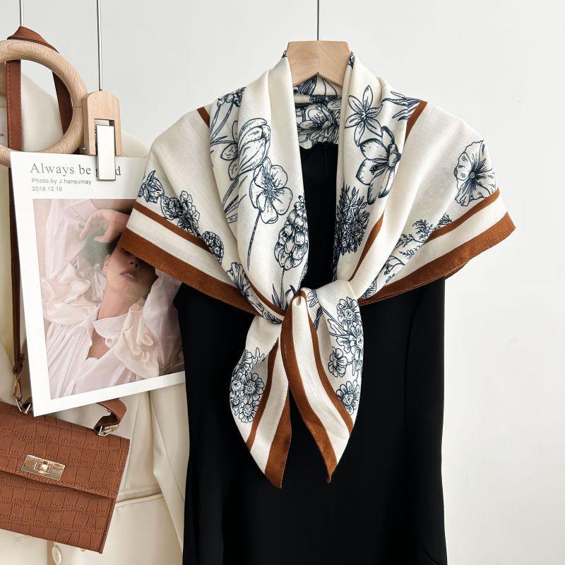 Soft Comfortable Floral Printed Women Square Neck Scarf For Autumn Winter