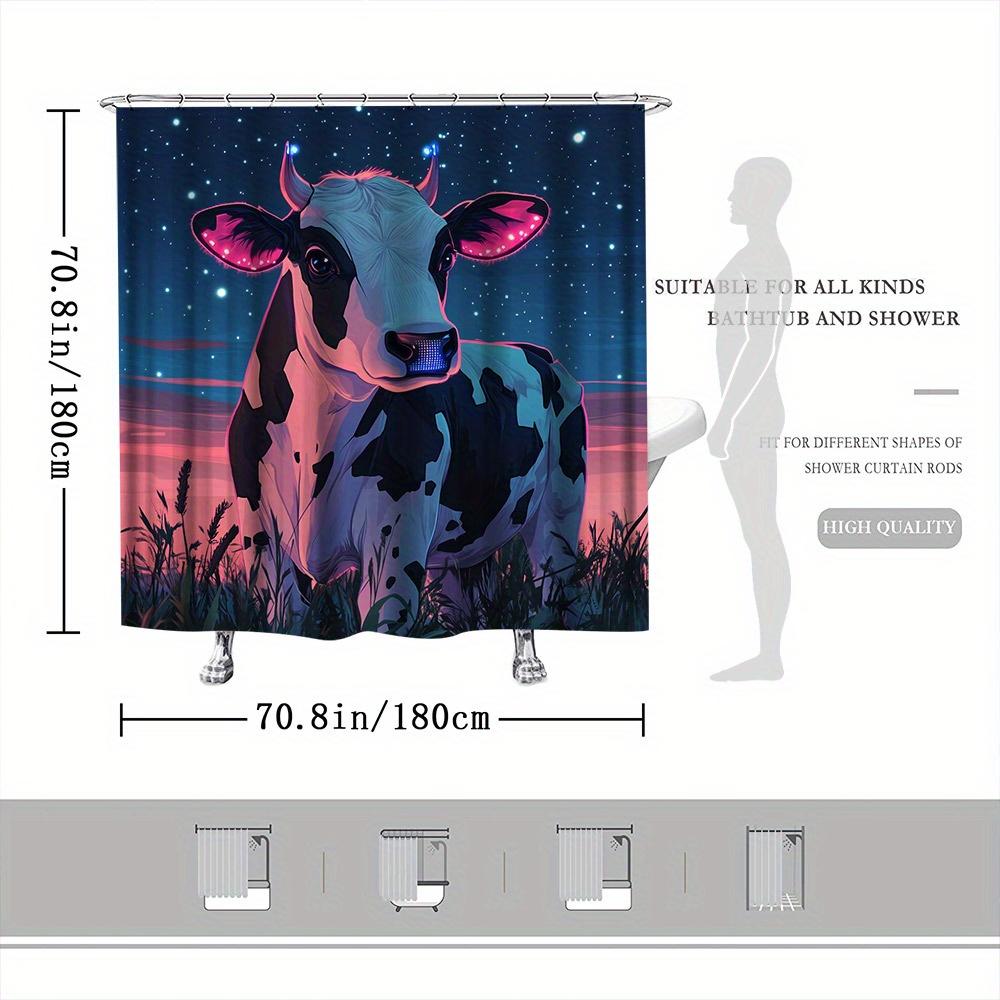 Surreal Cow Shower Curtain – Cosmic Night Sky & Pastoral Field, Black-And-White Dairy Cow In Dreamlike Art, Includes Hooks,