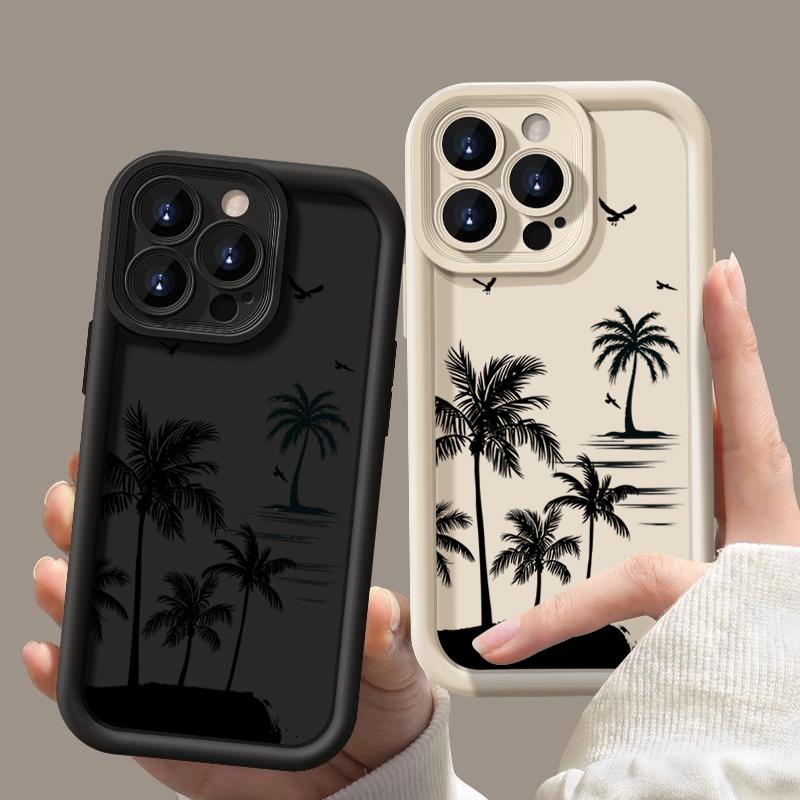 Coconut Tree Pattern Matte Phone Case For iPhone 16 Pro Max 15 Pro 14 13 12 11 Lens Protection Shockproof Soft TPU Bumper Cover