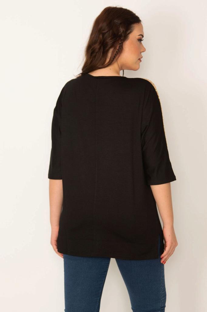 Damska bluzka w dużym rozmiarze Duży rozmiar Srebrna cekinowa szczegółowa bluzka z wiskozy z dekoltem w szpic i rękawami capri