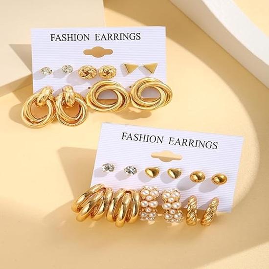 11 Pairs Combo Set Celebrity Inspired Latest Trendy Stylish Gold Plated Geometric Twist Pearl Hoop Dangle Earrings for Women and Girls