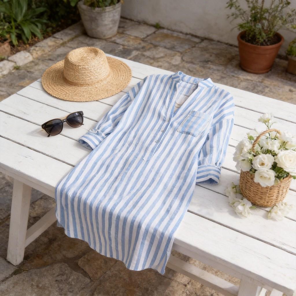 Abito estivo a righe in poliestere con colletto a camicia per vacanze casual al mare