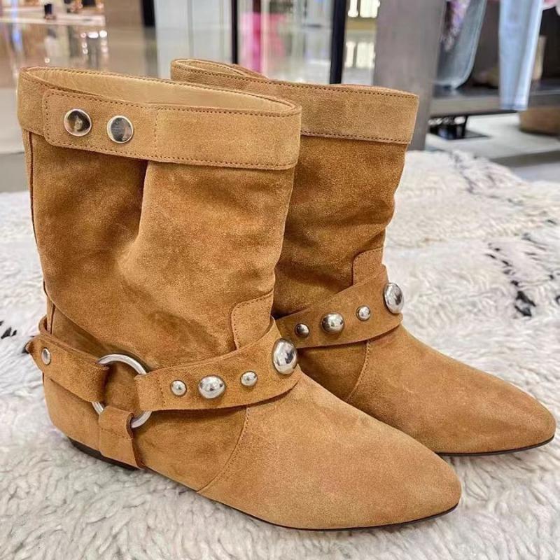 Autumn and winter large size rivet pointed middle boots women's suede sleeve pointed thick heel Martin boots western boots