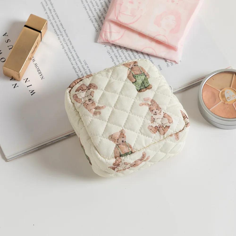 Trendy Korean Makeup Bag for Women Small Cosmetics Organizer Cartoon Cute Coin Purse Fabric Key Lipstick Bag Sanitary Pad Pouch