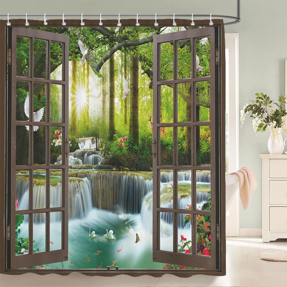 Bath Curtain 3D Printing Window Scenery Forest Shower Curtains 180*200Cm Waterproof Bathroom Curtain Washable Fabric With Hooks