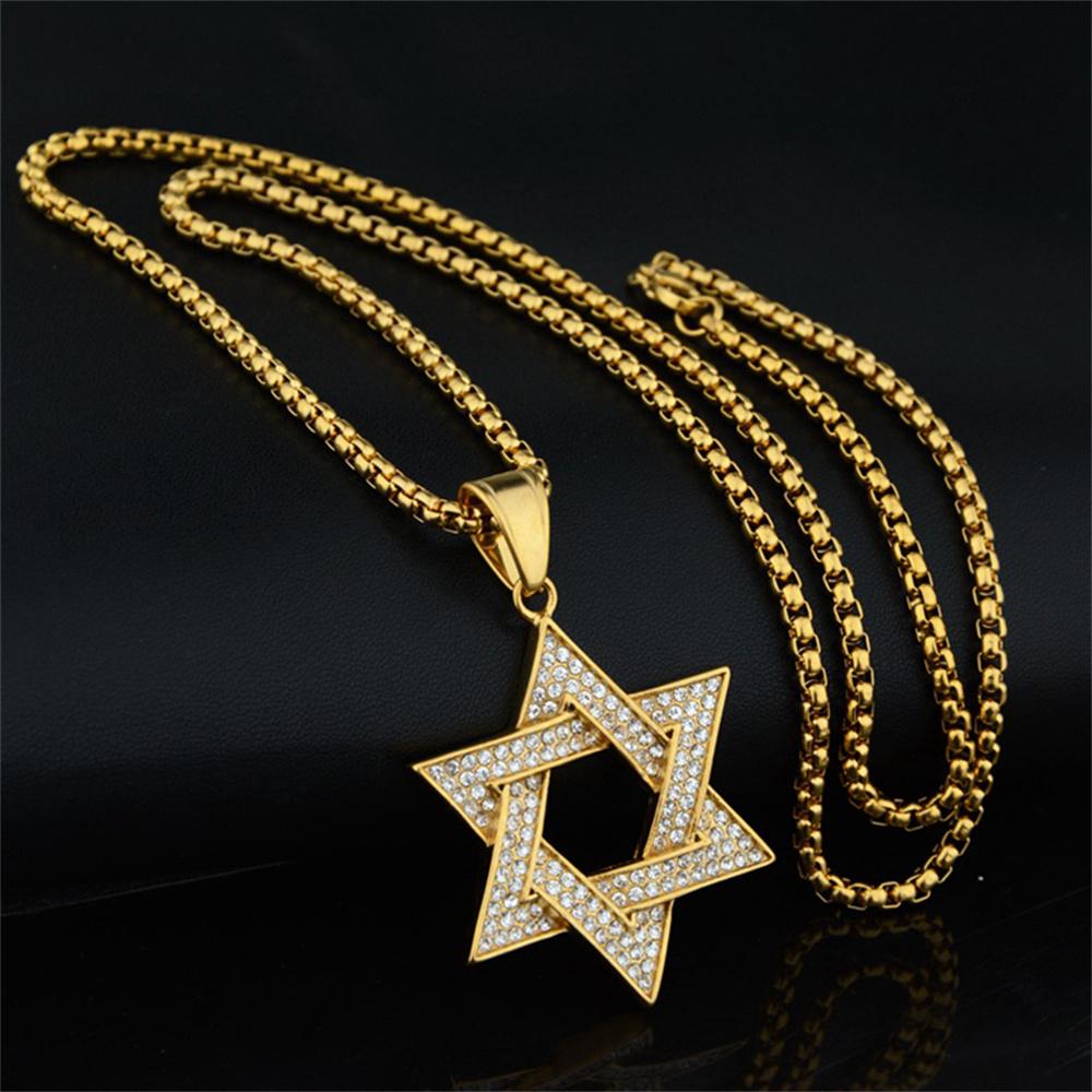Hip Hop Iced Out Star of David Pendant Male Gold Color Stainless Steel Hexagram Necklace for Men Jewish Jewelry Birthday Gift