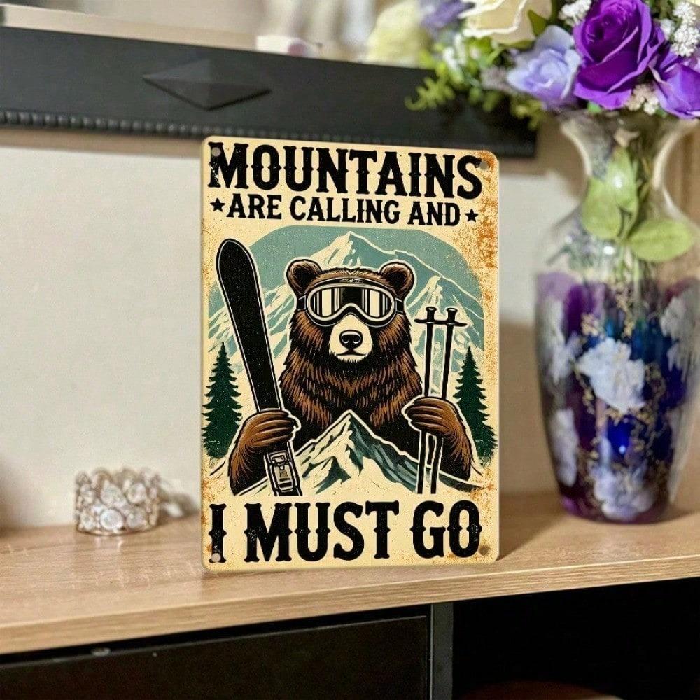 1PC Vintage Bear Hiking Tin Sign, The Mountains Are Calling Retro Outdoor Wildlife Metal Plaque, Sturdy Cabin Wall Decor