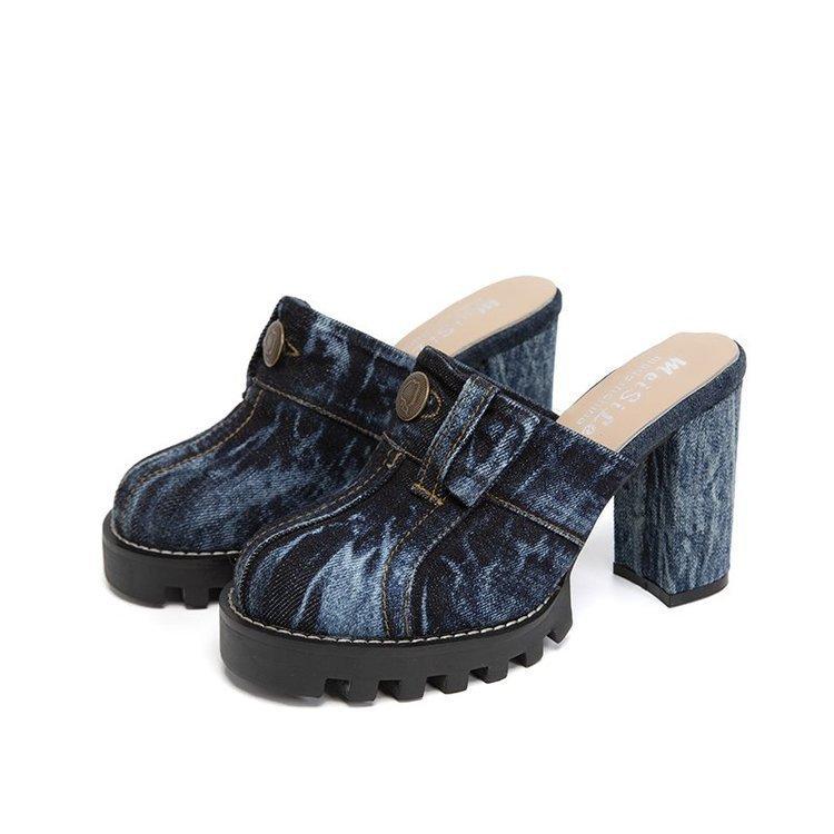 Europe, America 2025 denim washing water bag head high heel cool slippers women's shoes 2025 new thick heel slippers