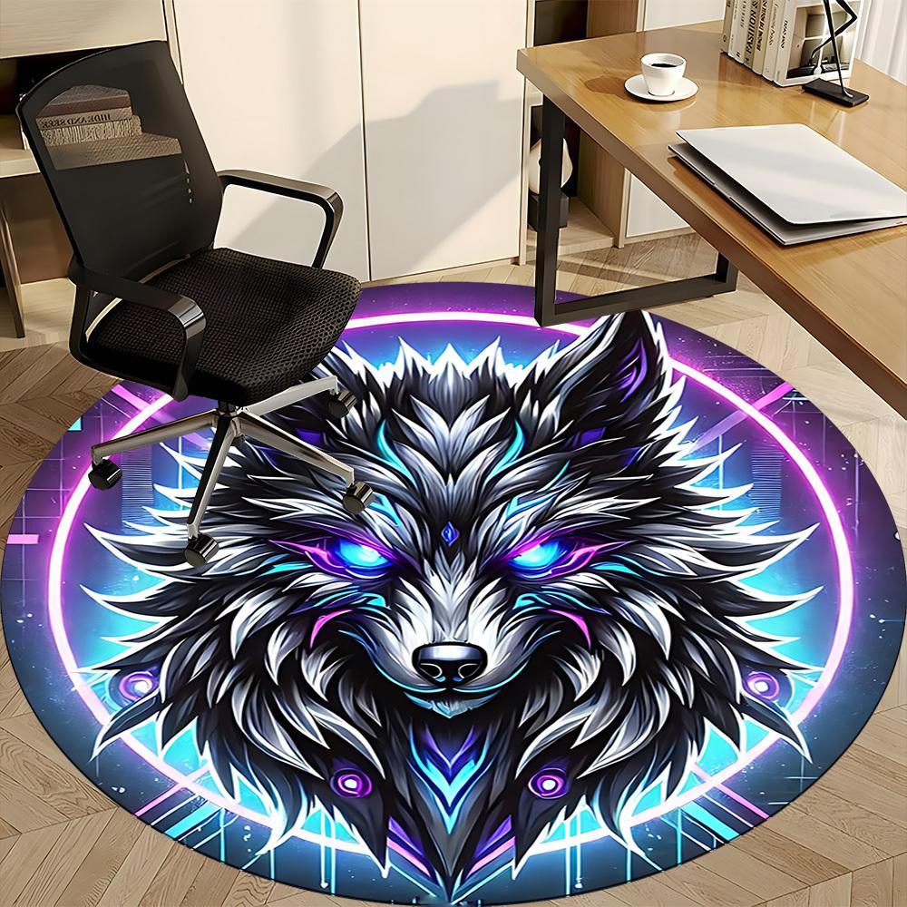 1pc Wolf Neon Office Round Area Rug, Under Office Chairs Bedroom Living Room Home Decor, Room Deco, Available In Various Sizes