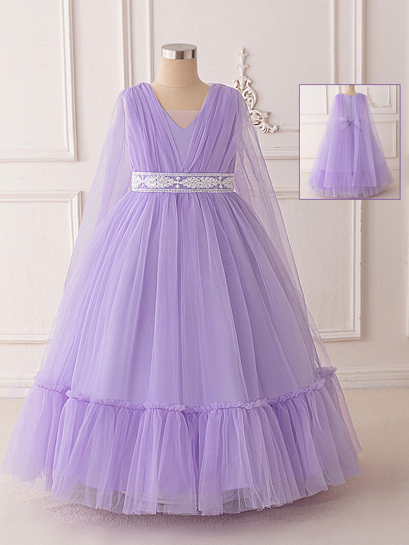 Girls  V-neck Mesh Princess Dress with Shawl - Formal Birthday Party Dress for Big Kids 160cm