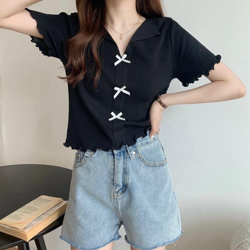 Sommer Bm Stil Kurz Schlankes Design Krawatte Holz Ohr Kante Revers V-Ausschnitt T-Shirt Oberteile Lässig Sommer Wesentlich Komfort und Stil Slim Fit Pullover T-Shirts