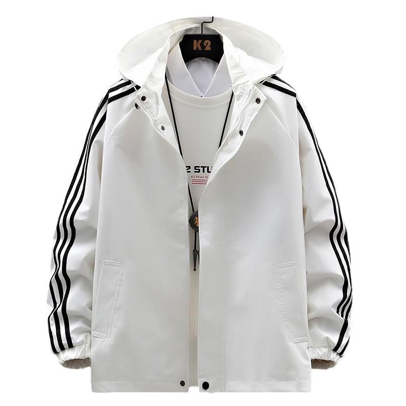 Men's Three-Stripe Hooded Windbreaker Jacket - Trendy High Street Casual Fashion for Spring and Autumn.