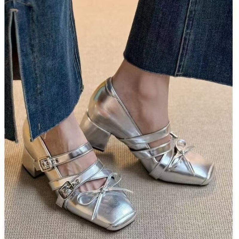 

Модные винтажные туфли Мэри Джейн женские с французским бантом и блочным каблуком 40 серебряный