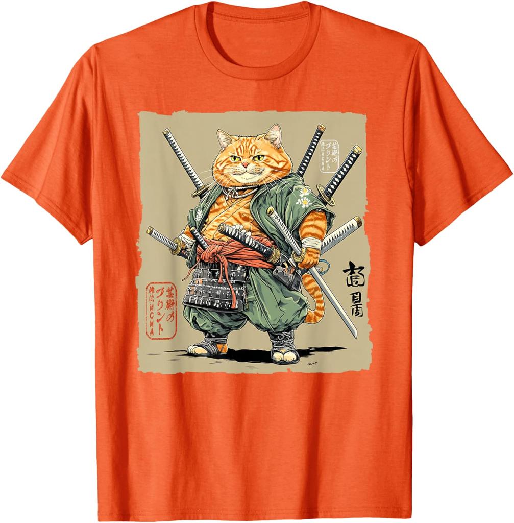 Samurai Cat Warrior Swords Graphic Tee Mens Cotton Casual TShirt