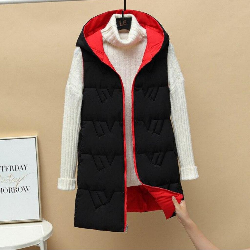Autumn and Winter Women's Solid Color Loose Vest Hooded Long Reversible Vest Jacket Cotton Padded Women's Windproof Warm Vest