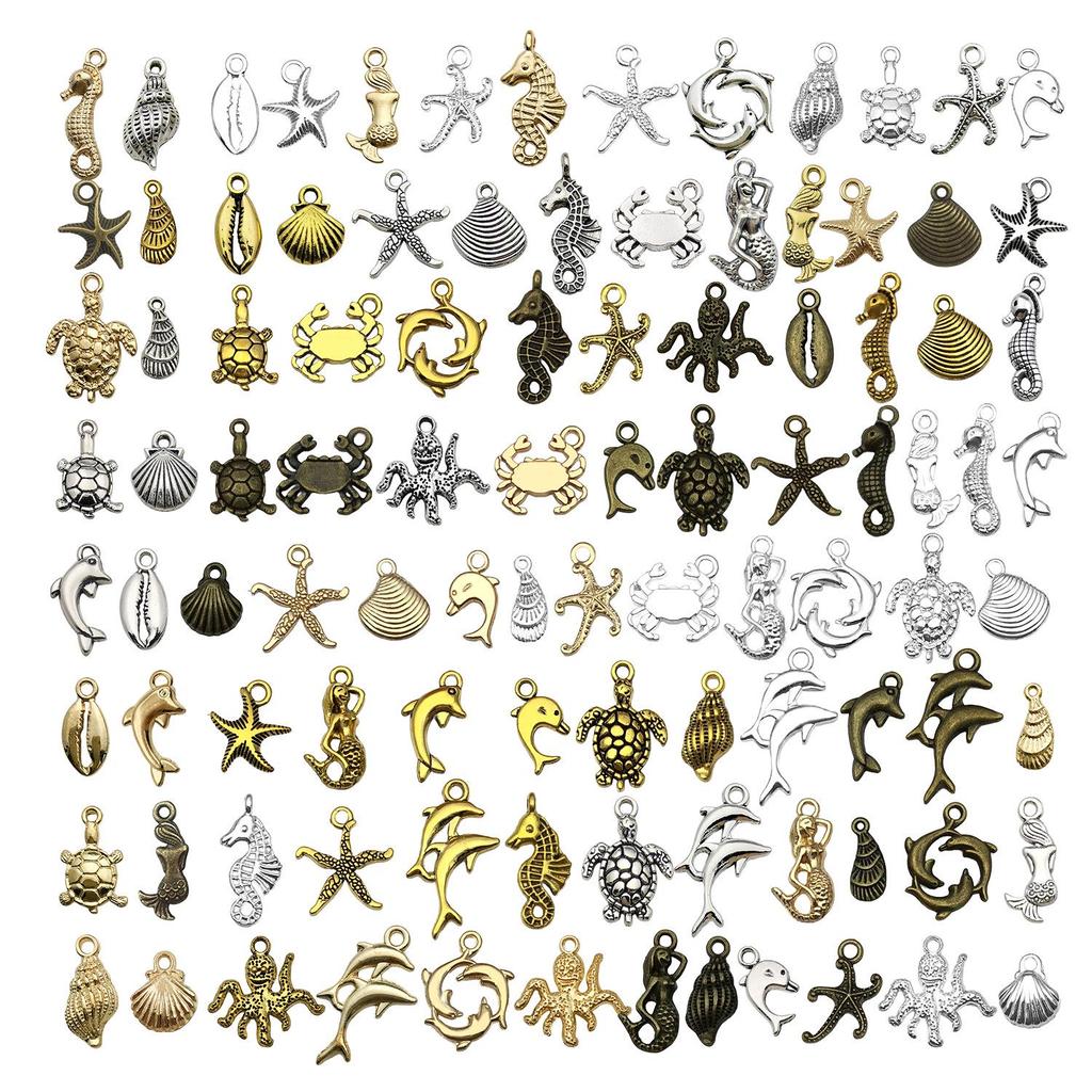 Mix 100-Piece Starfish, Turtle, Seahorse, Dolphin Pendant Set for DIY Jewelry - Bracelets, Necklaces, Earrings