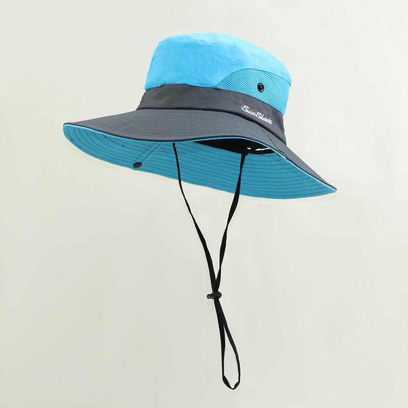 New Color Blocked Summer Mesh Fisherman Hat Women Quick Drying Fordable Sun Protection Hat Outdoor Riding Travel Ponytail Cap