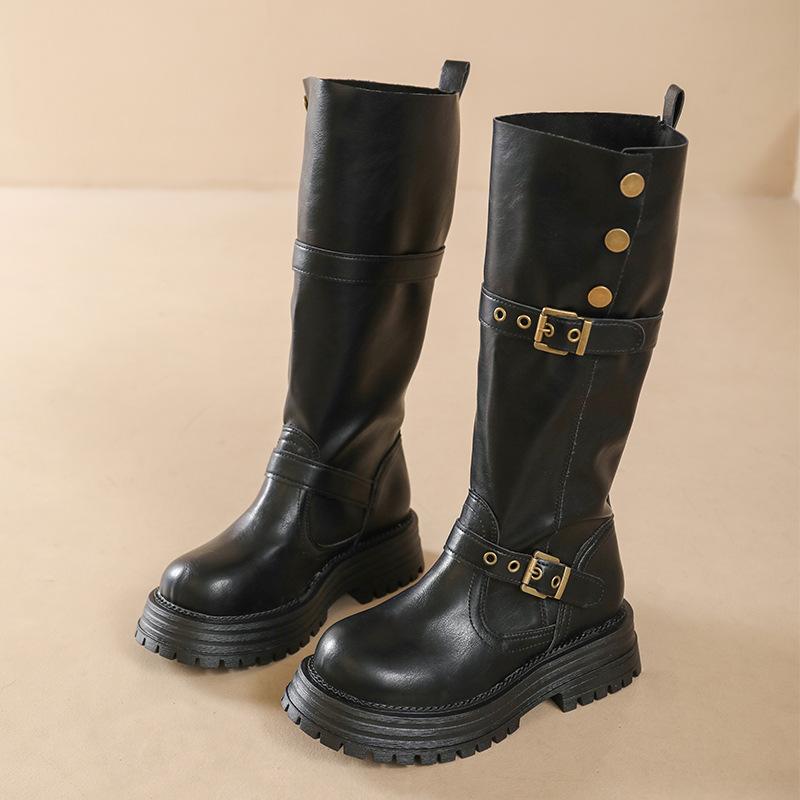 Black Retro British Style Thick Heel Platform Boots Women's 2025 Autumn and Winter New Boots Tall and Thin Knight Boots